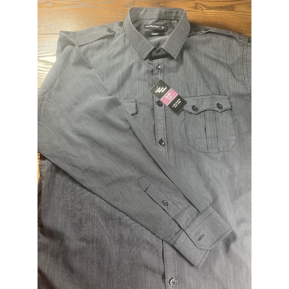 NEW Cedar Wood State Dress Shirt Mens  16.5" 42cm Long Sleeve Slim Black Gray